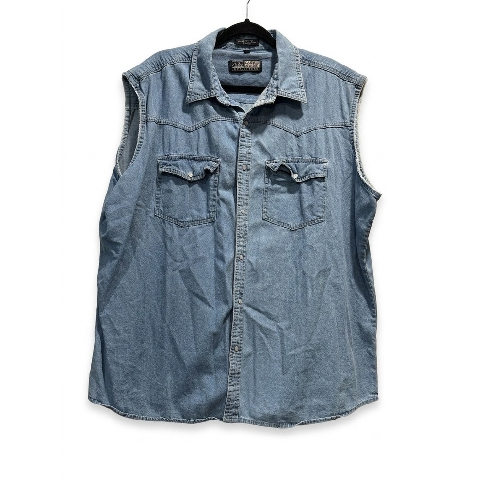 Canyon Guide Outfitter 100% COT Men 2X Sleeveless Denim Western Pearl Snap Shirt
